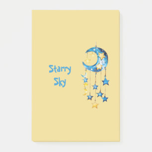 Aqua Blue Starry Sky Yellow Stars Moons Post-it Notes