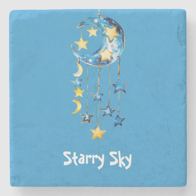 Aqua Blue Starry Sky Yellow Stars Moons Stone Coaster (Front)