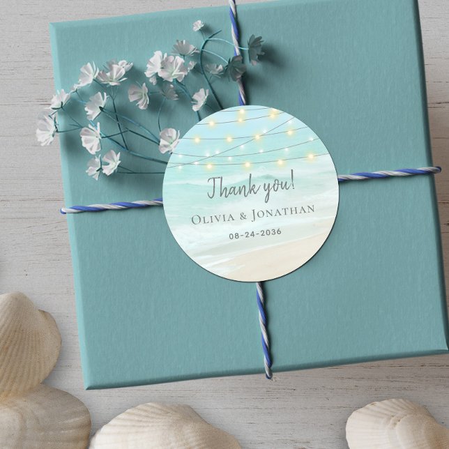Aqua Blue String Lights Beach Wedding  Classic Round Sticker (Creator Uploaded)