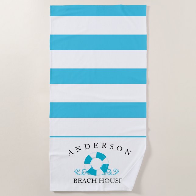 Aqua Blue Stripe Personalised Beach House Beach Towel (Front)