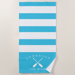 Aqua Blue Stripe Personalised Lake House Beach Towel