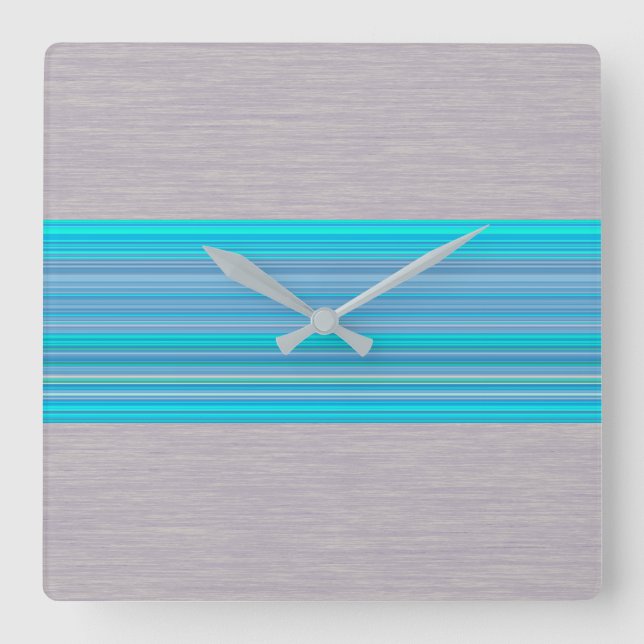 Aqua Blue Striped Pattern on Silver Gray Square Wall Clock (Front)