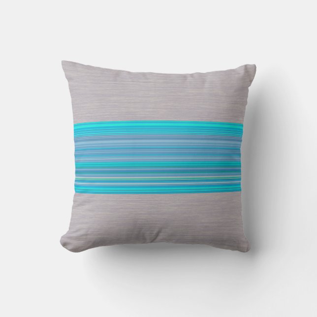 Aqua Blue Striped Pattern on Silver Grey Cushion (Front)