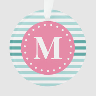 Aqua Blue Striped Pattern Pink Monogram Ornament