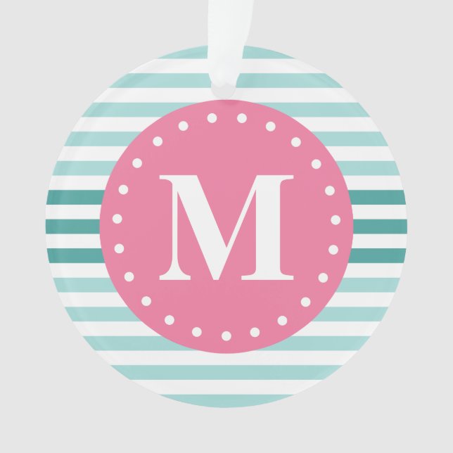 Aqua Blue Striped Pattern Pink Monogram Ornament (Front)