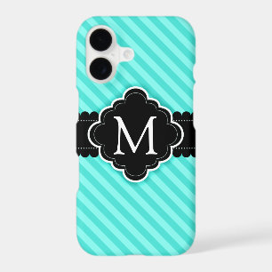 Aqua Blue Stripes Pattern Black Custom Monogram