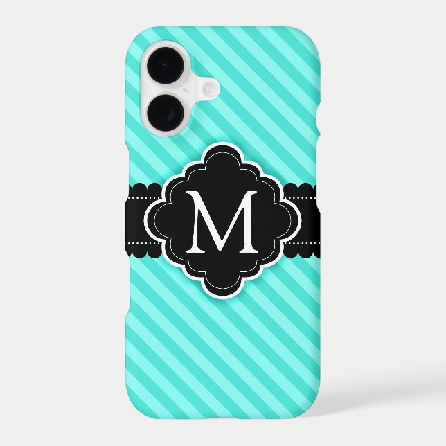 Aqua Blue Stripes Pattern Black Custom Monogram (Back)