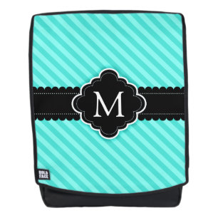 Aqua Blue Stripes Pattern Black Custom Monogram Backpack