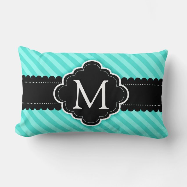 Aqua Blue Stripes Pattern Black Custom Monogram Lumbar Cushion (Front)