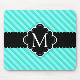 Aqua Blue Stripes Pattern Black Custom Monogram Mouse Pad