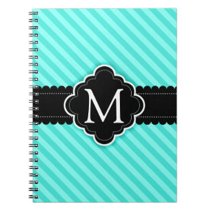 Aqua Blue Stripes Pattern Black Custom Monogram Spiral Notebook