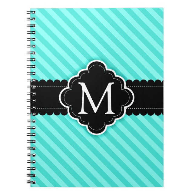 Aqua Blue Stripes Pattern Black Custom Monogram Spiral Notebook (Front)