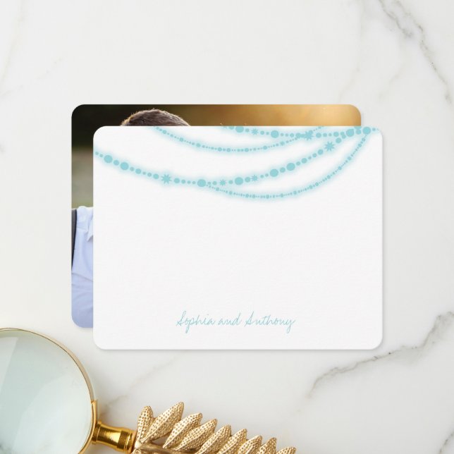 Aqua Blue Stylish Sparkling Lights Photo Wedding Thank You Card (Front/Back In Situ)