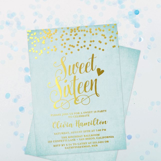 Aqua Blue Sweet 16 Gold Confetti Foil Invitation (Creator Uploaded)