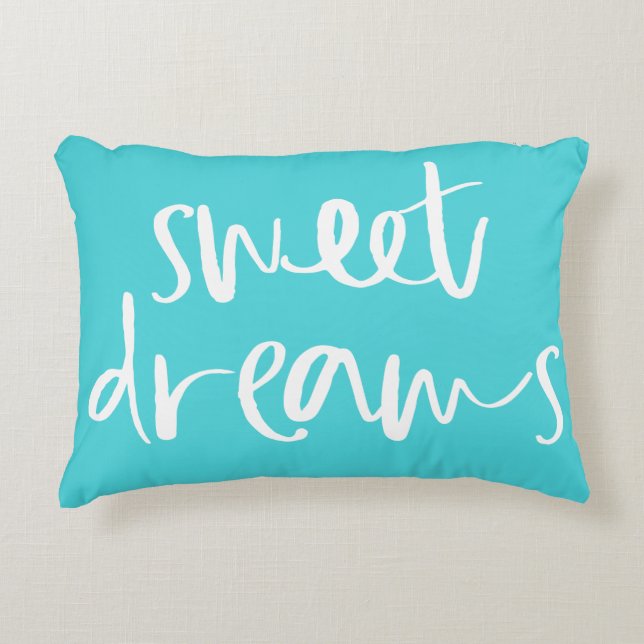 Aqua Blue Sweet Dreams Hand Lettering Pillow (Front)