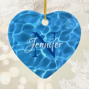 Aqua Blue Swimming Pool Photo Monogram Ceramic Tree Decoration