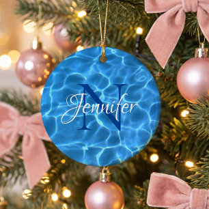 Aqua Blue Swimming Pool Photo Monogram Ceramic Tree Decoration