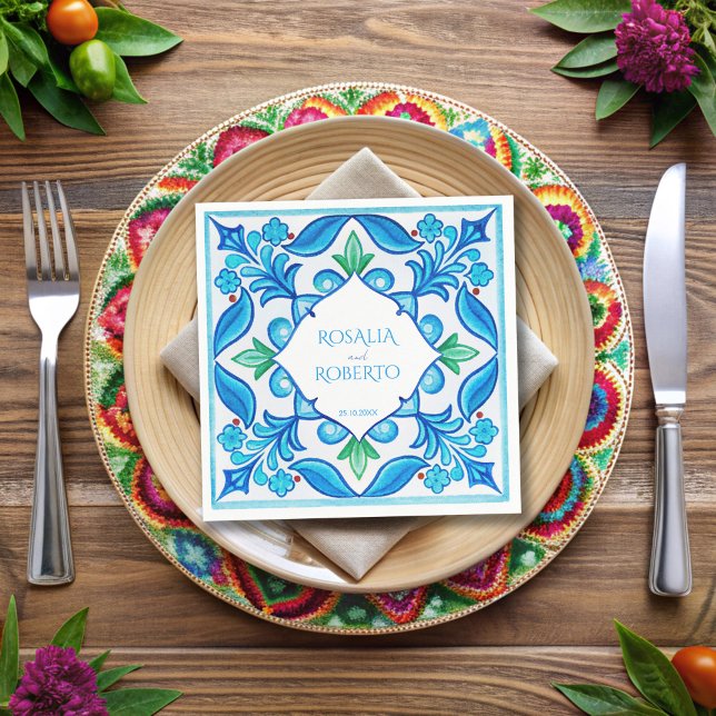 Aqua Blue Talavera tiles monogrammed wedding Napkin (Aqua Blue Talavera tiles monogrammed wedding Napkins template vintage Mexican wedding table decor)
