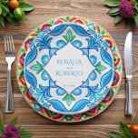 Aqua Blue Talavera tiles monogrammed wedding Paper Plate<br><div class="desc">Wedding menu cards Mexican Talavera monogrammed wedding paper plates template Aqua Blue Azulejo Talavera Spanish Mexican tiles elegant wedding plates,  vibrant bold colours customised paper plates personalised wedding reception decor personalised plates</div>