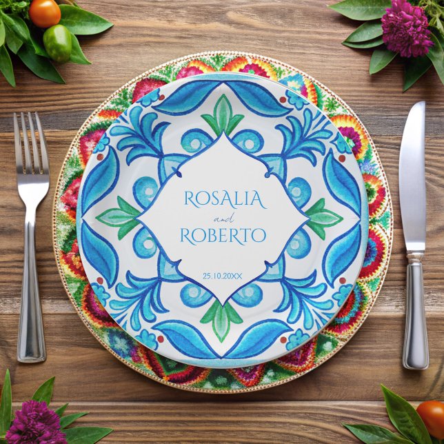 Aqua Blue Talavera tiles monogrammed wedding Paper Plate (Aqua Blue Talavera tiles monogrammed customized Paper Plates vintage Mexican wedding printed plates)