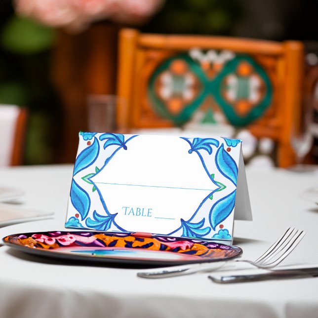 Aqua Blue Talavera tiles monogrammed wedding Place Card (Aqua Blue Talavera tiles monogrammed wedding Place Card Mexican fiesta Meditterranean wedding decor)