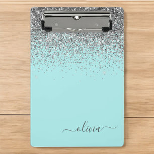 Aqua Blue - Teal and Silver Glitter Monogram Mini Clipboard