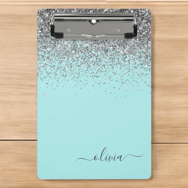 Aqua Blue - Teal and Silver Glitter Monogram Mini Clipboard (Creator Uploaded)