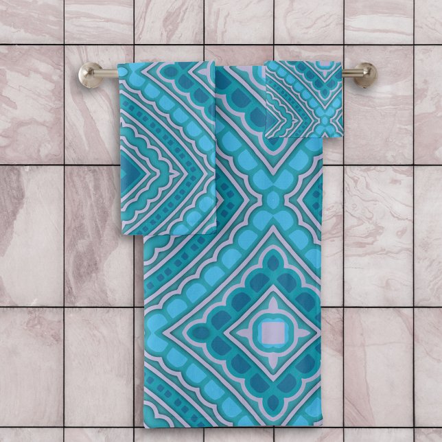 Aqua Blue Teal Boho Geometric Moroccan Pattern Bath Towel Set (Creator Uploaded)