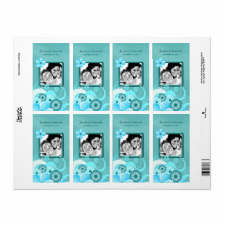 Aqua Blue Teal Floral Wedding Photo Favour Wine