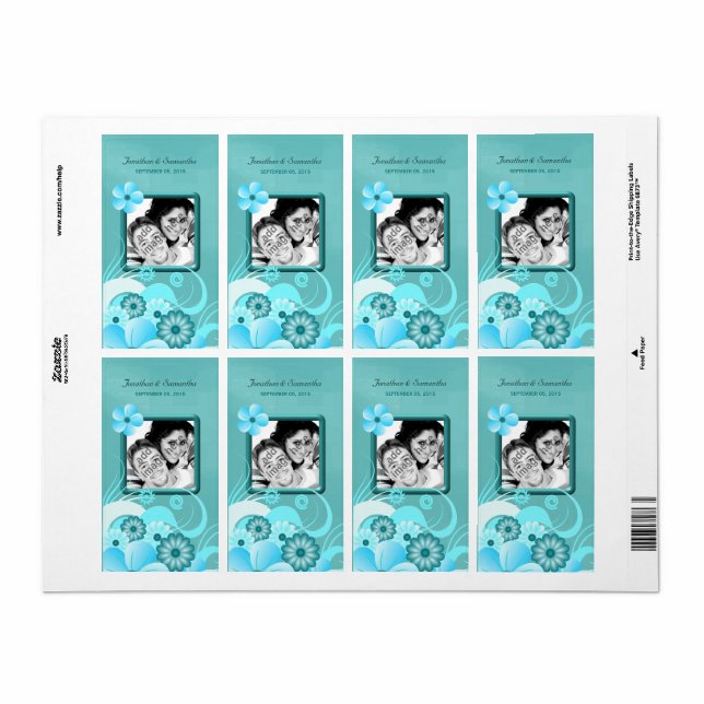 Aqua Blue Teal Floral Wedding Photo Favour Wine (Full Sheet)
