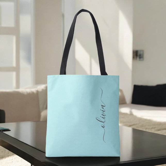 Aqua Blue Teal Girly Script Monogram Modern Tote Bag (Creator Uploaded)