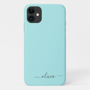 Aqua Blue Teal Girly Script Monogram Name Modern Case-Mate iPhone Case