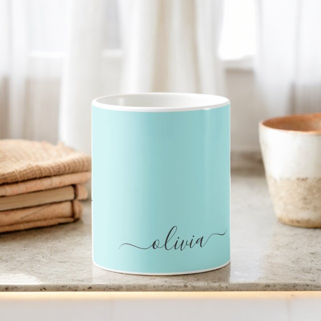 Aqua Blue Teal Girly Script Monogram Name Modern Coffee Mug (Creator Uploaded)