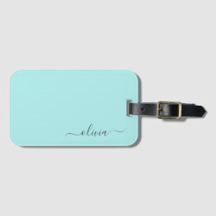 Aqua Blue Teal Girly Script Monogram Name Modern Luggage Tag