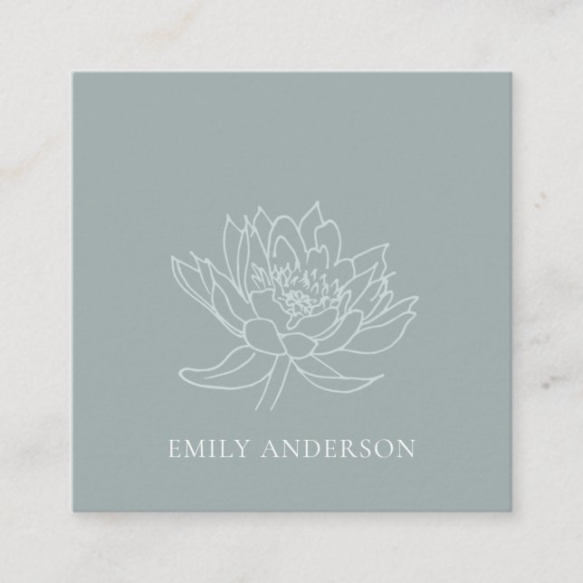 AQUA BLUE TEAL GOLD LOTUS LINE DRAWING FLORAL SQUARE BUSINESS CARD (Front)