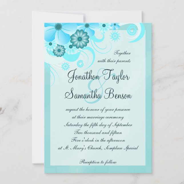 Aqua Blue Teal Hibiscus Floral Wedding Invitation (Front)