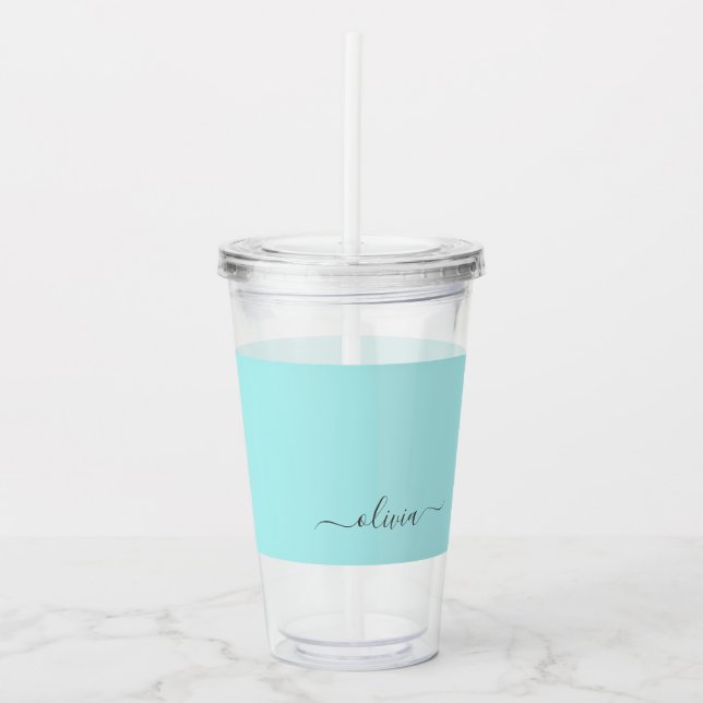Aqua Blue Teal Modern Script Girly Monogram Name Acrylic Tumbler (Front)