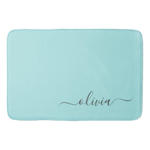Aqua Blue Teal Modern Script Girly Monogram Name Bath Mat