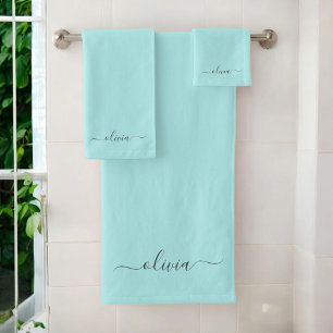 Aqua Blue Teal Modern Script Girly Monogram Name Bath Towel Set