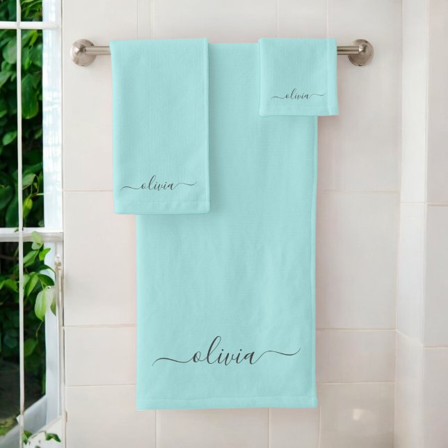 Aqua Blue Teal Modern Script Girly Monogram Name Bath Towel Set (Creator Uploaded)