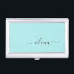 Aqua Blue Teal Modern Script Girly Monogram Name Business Card Holder<br><div class="desc">Aqua Blue Teal Simple Script Monogram Name Business Card Holder. This makes the perfect sweet 16 birthday,  wedding,  bridal shower,  anniversary,  baby shower or bachelorette party gift for someone that loves glam luxury and chic styles.</div>