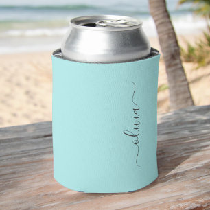 Aqua Blue Teal Modern Script Girly Monogram Name Can Cooler