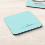 Aqua Blue Teal Modern Script Girly Monogram Name Coaster<br><div class="desc">Aqua Blue Teal Simple Script Monogram Name Paper Coasters. This makes the perfect graduation,  birthday,  wedding,  bridal shower,  anniversary,  baby shower or bachelorette party gift for someone that loves glam luxury and chic styles.</div>