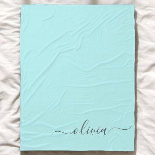 Aqua Blue Teal Modern Script Girly Monogram Name Fleece Blanket