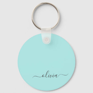 Aqua Blue Teal Modern Script Girly Monogram Name Key Ring