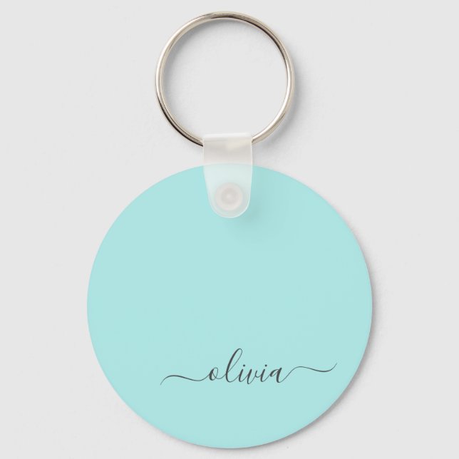 Aqua Blue Teal Modern Script Girly Monogram Name Key Ring (Front)