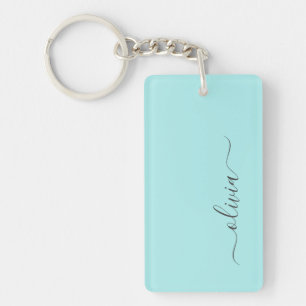 Aqua Blue Teal Modern Script Girly Monogram Name Key Ring