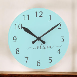 Aqua Blue Teal Modern Script Girly Monogram Name Large Clock