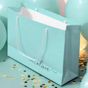 Aqua Blue Teal Modern Script Girly Monogram Name Large Gift Bag