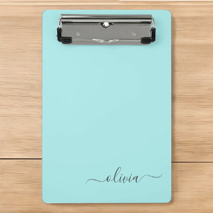 Aqua Blue Teal Modern Script Girly Monogram Name Mini Clipboard